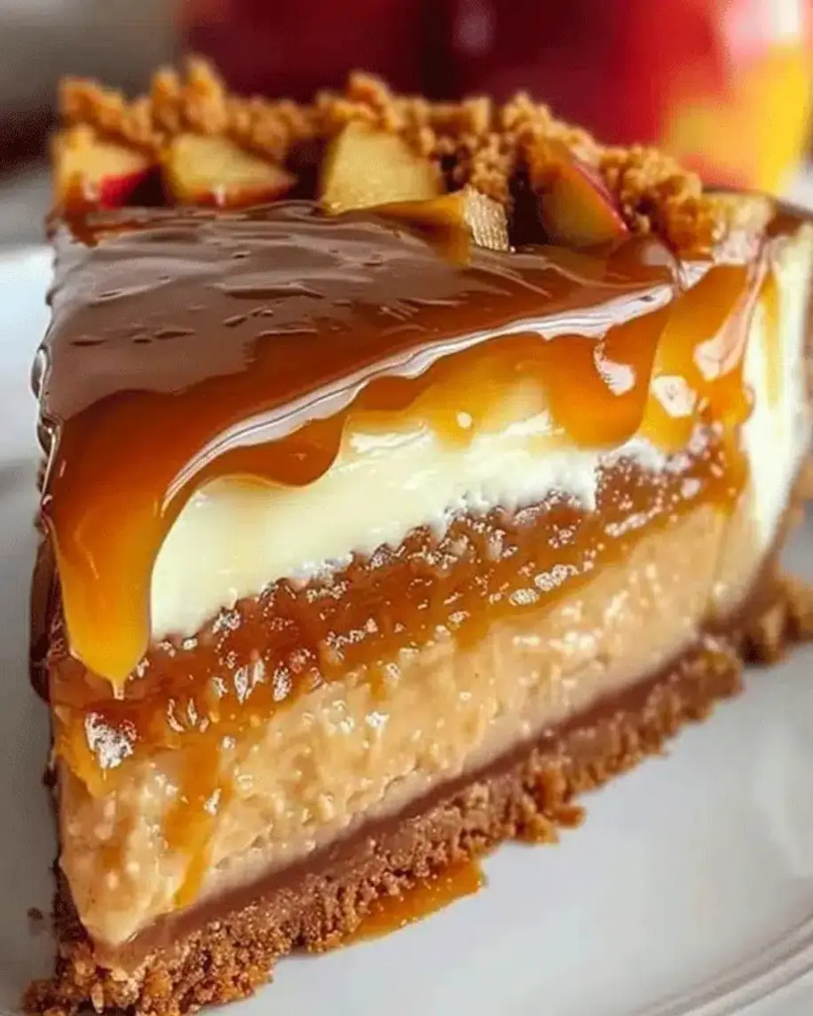 Close-up of caramel apple cheesecake slices being drizzled with salted caramel sauce.