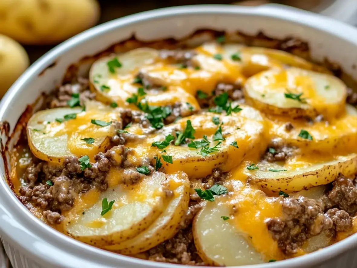 Close-up of a serving of Cowboy Potato Casserole