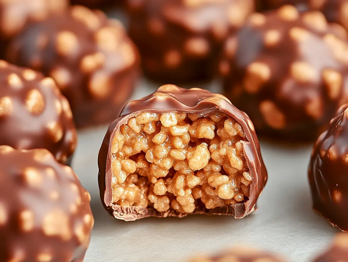 Close-up shot of several Rice Krispie Peanut Butter Balls dipped in chocolate, arranged neatly on a parchment paper-lined tray.