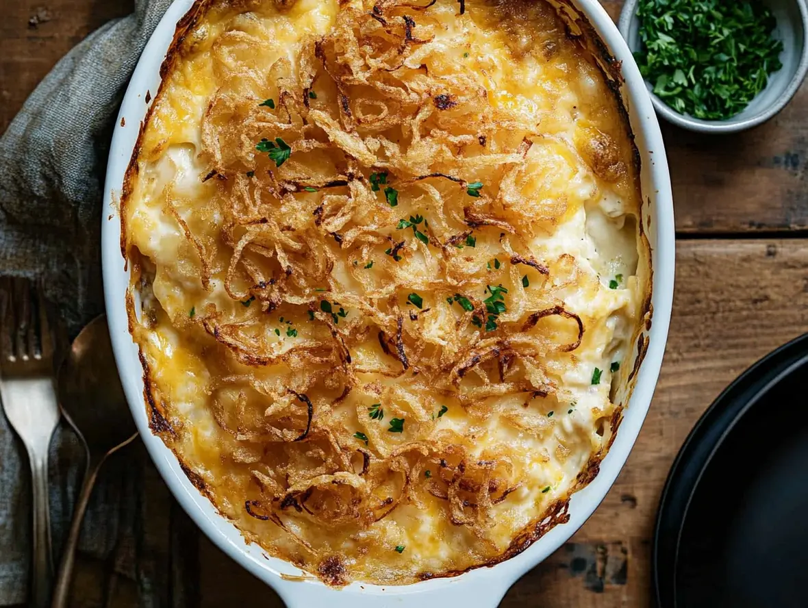 Close-up of crispy fried onions being sprinkled over a baked cheesy potato casserole.