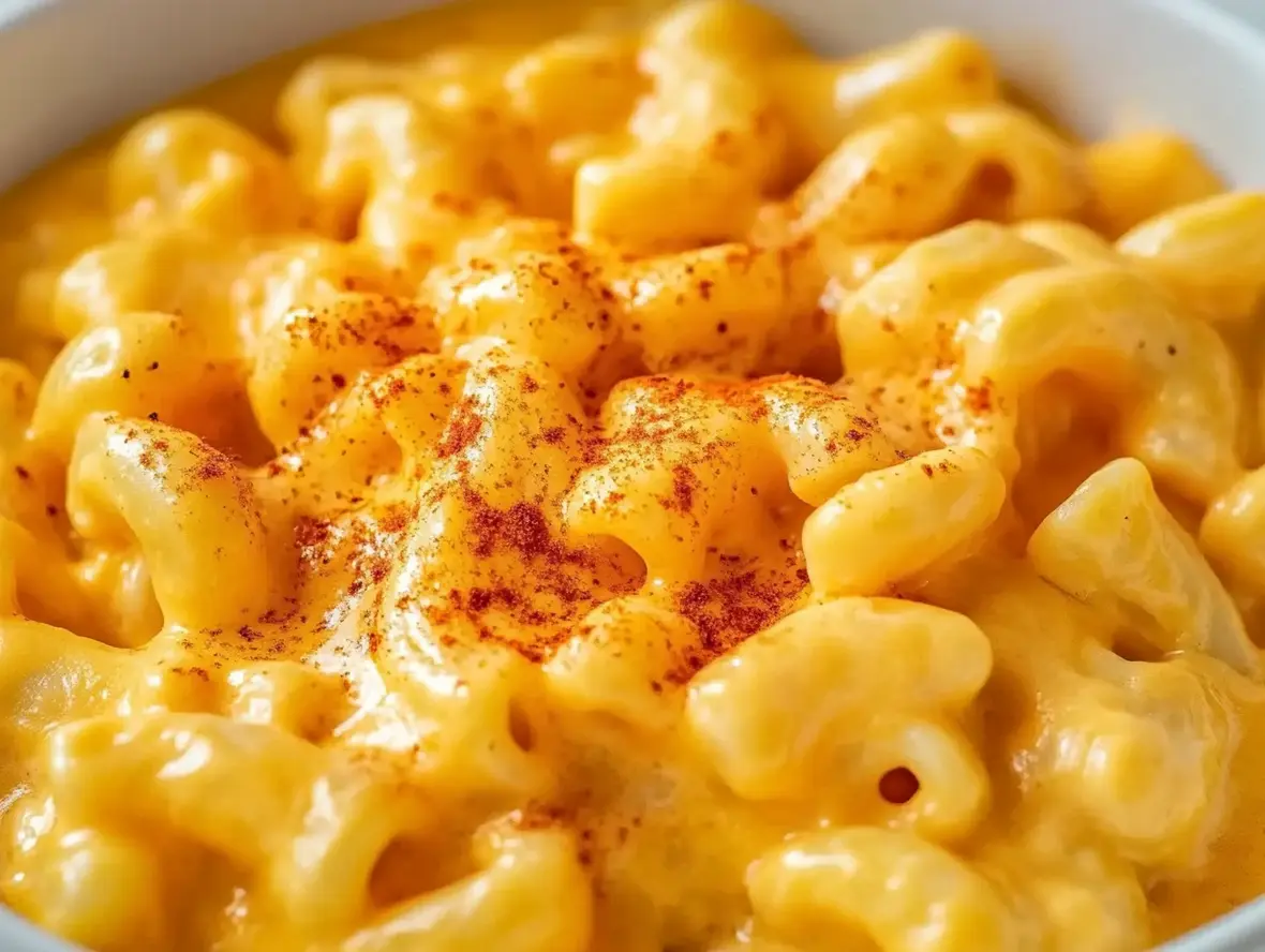 Close-up of cheesy pasta strands with melted cheese