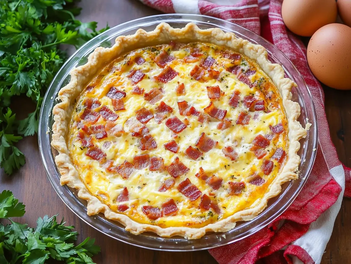 A slice of bacon and cheese quiche served on a plate with a side of salad.