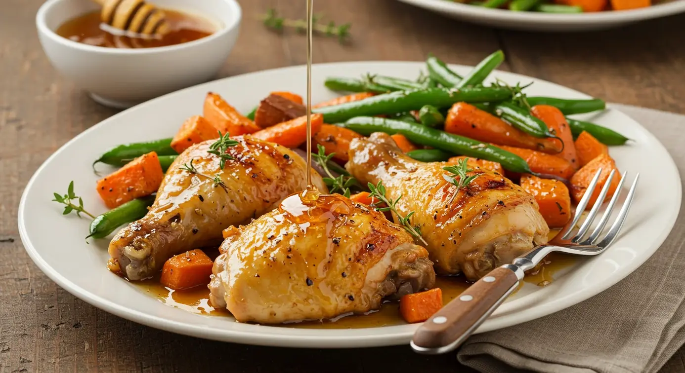 Close-up of a fork cutting into tender honey-glazed chicken