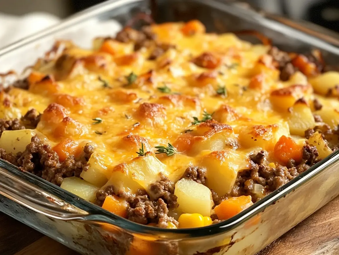 Close-up shot of a slice of Amish Hamburger Bake with Fall Veggies, showcasing the layers of ground beef and colorful vegetables, with melted cheese on top.