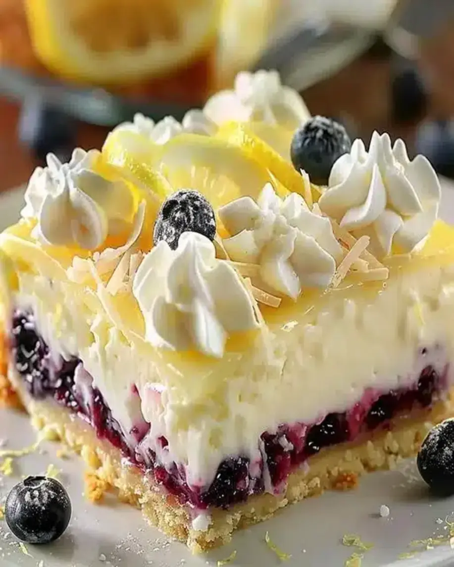 Close-up of a Lemon Blueberry Cheesecake Bar with swirl detail