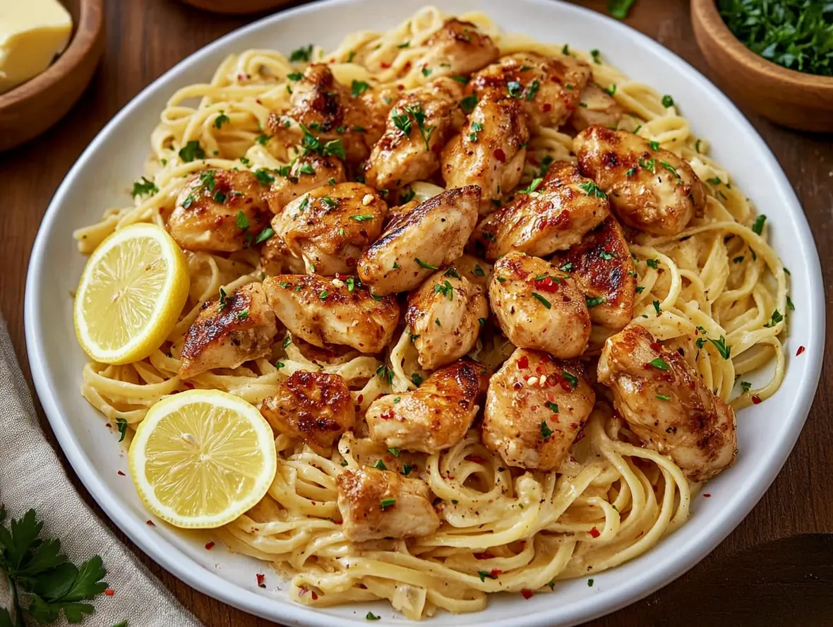 Close-up of Cowboy Butter Chicken Linguine with garnish