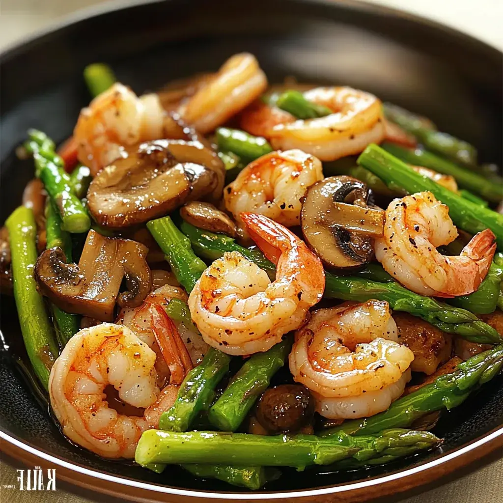Close-up of Shrimp and Asparagus Stir-Fry with Mushrooms on a plate