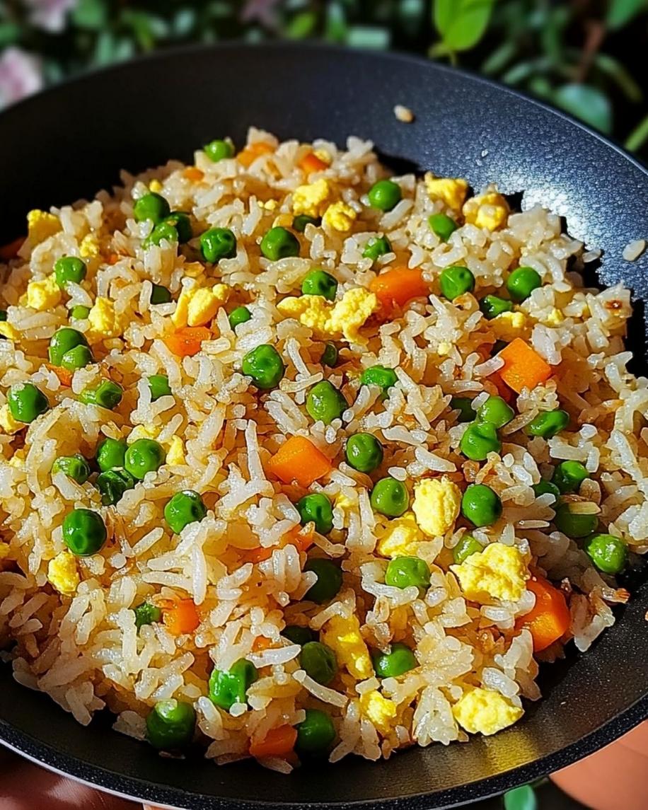 Close-up of perfectly separated grains of fried rice with colorful vegetables.