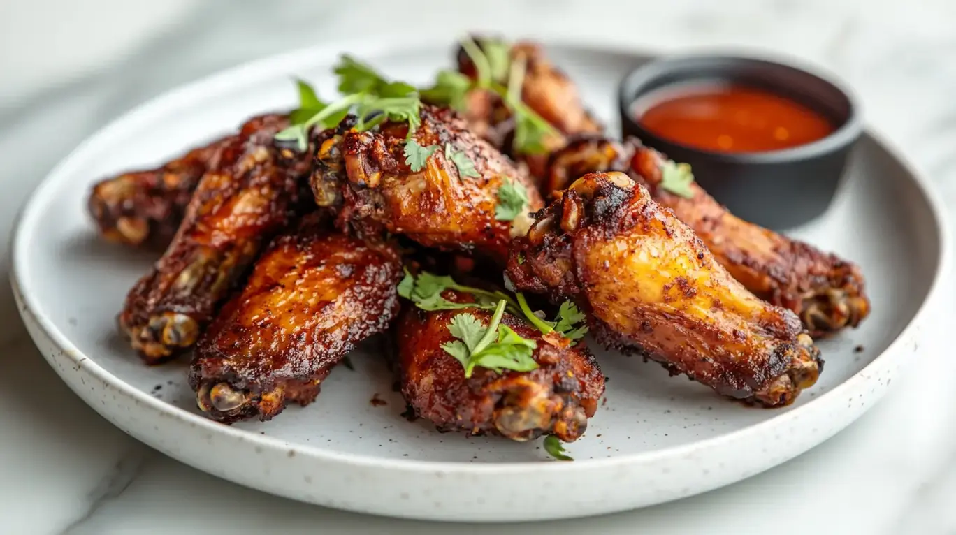 Golden brown, crispy chicken wings served on a platter with dipping sauce.