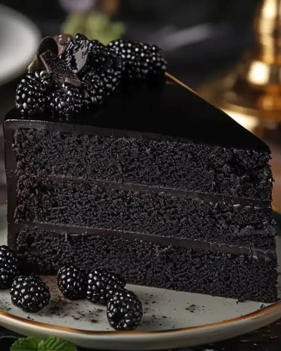 Close-up of a slice of Black Velvet Cake with cream cheese frosting