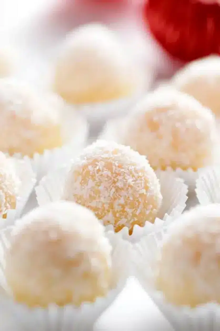 Close-up of Keto Snowball Coconut Fudge Truffles