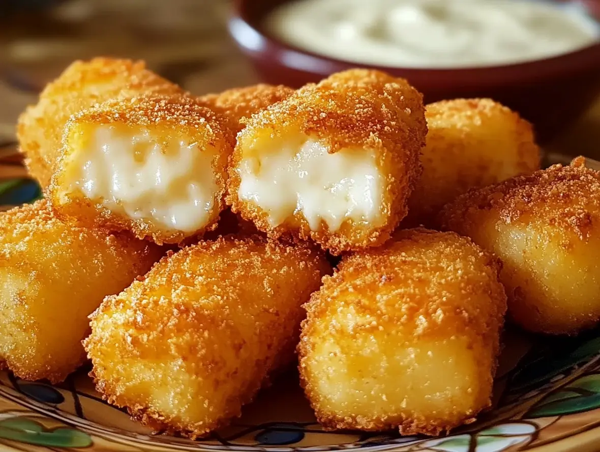 Close-up of a crispy fried cheese bite being dipped in marinara sauce