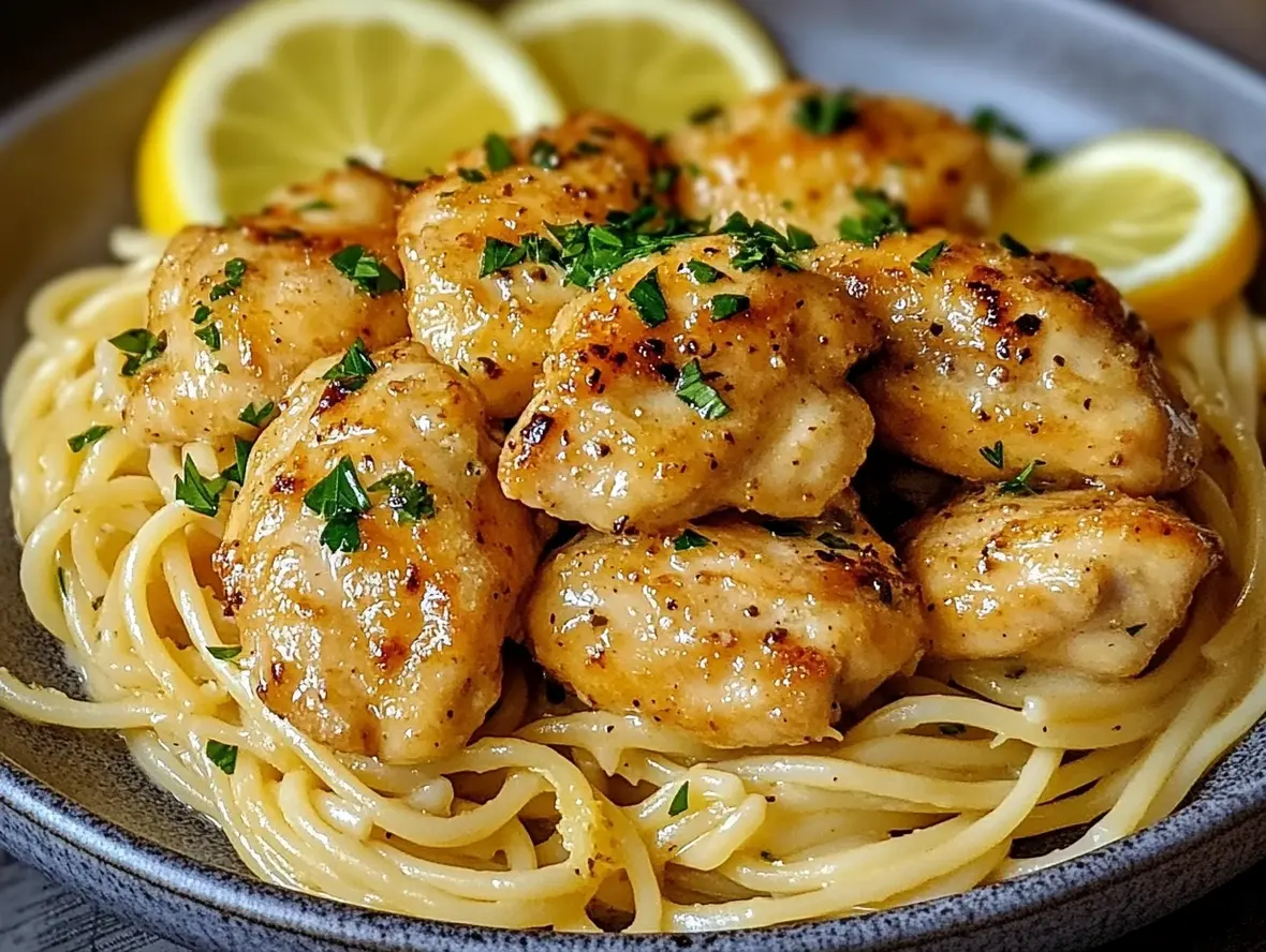 Close-up of Garlic Butter Chicken with Lemon Parmesan Pasta.