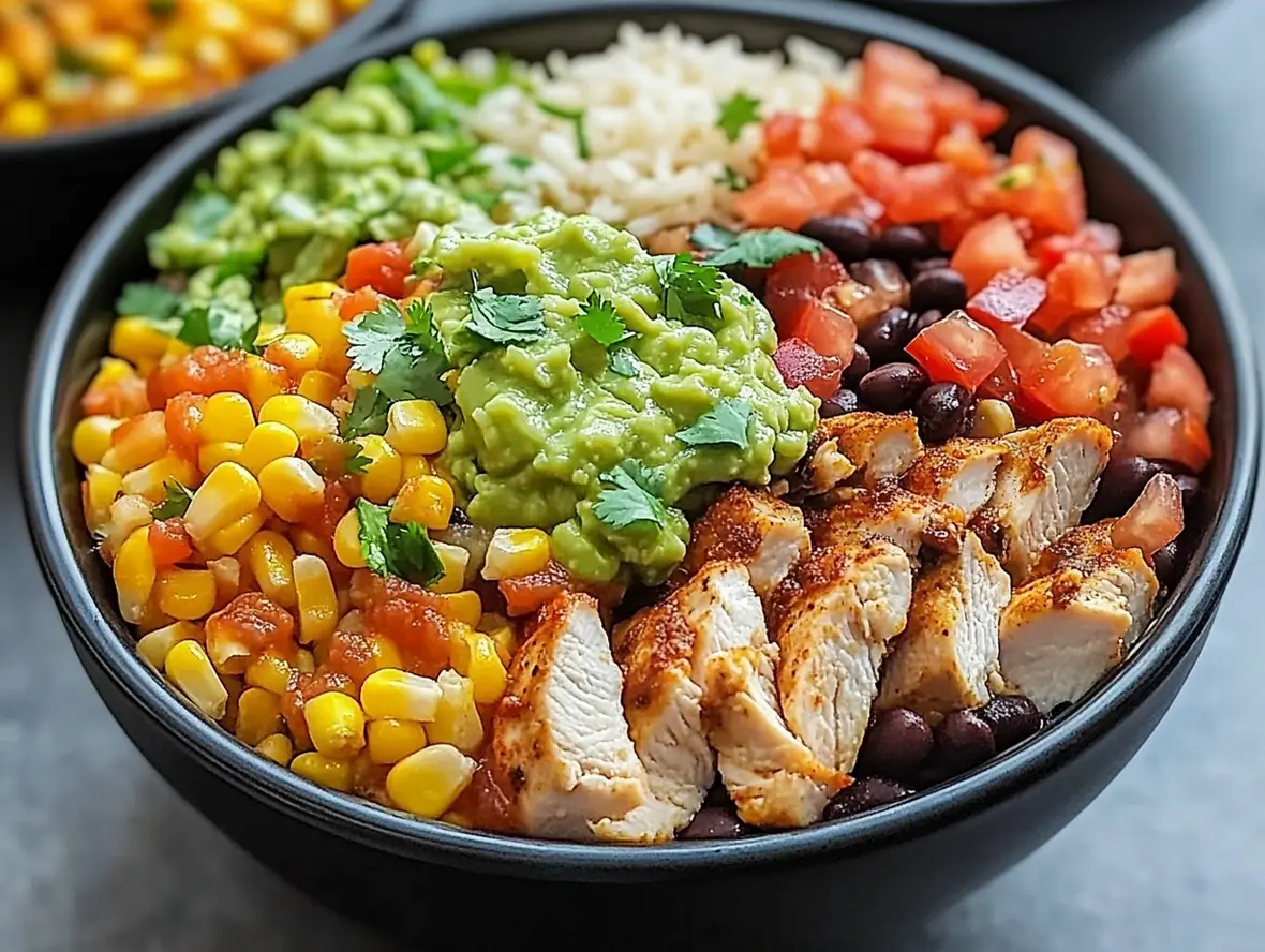 A fully assembled chicken burrito bowl with various colorful toppings.