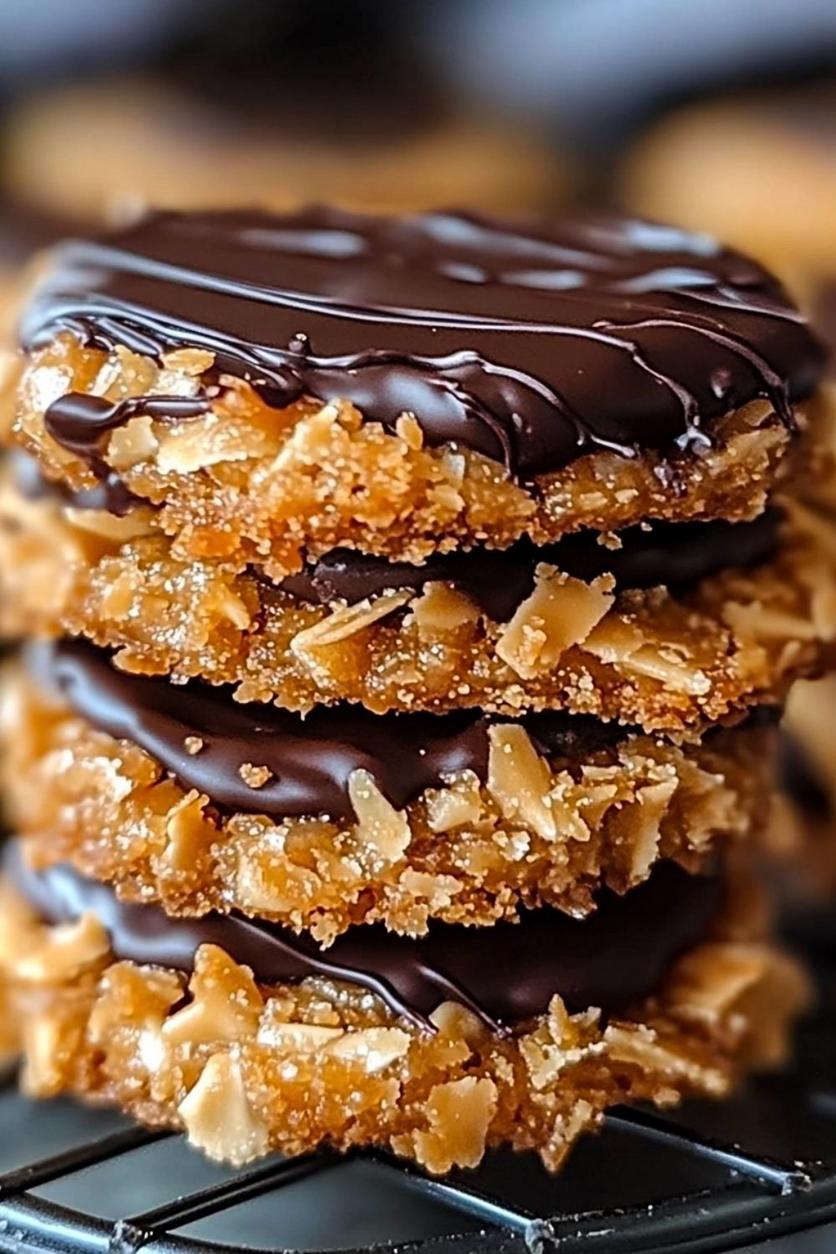 Close-up of homemade Samoa cookie with detailed texture of caramel, coconut, and chocolate drizzle