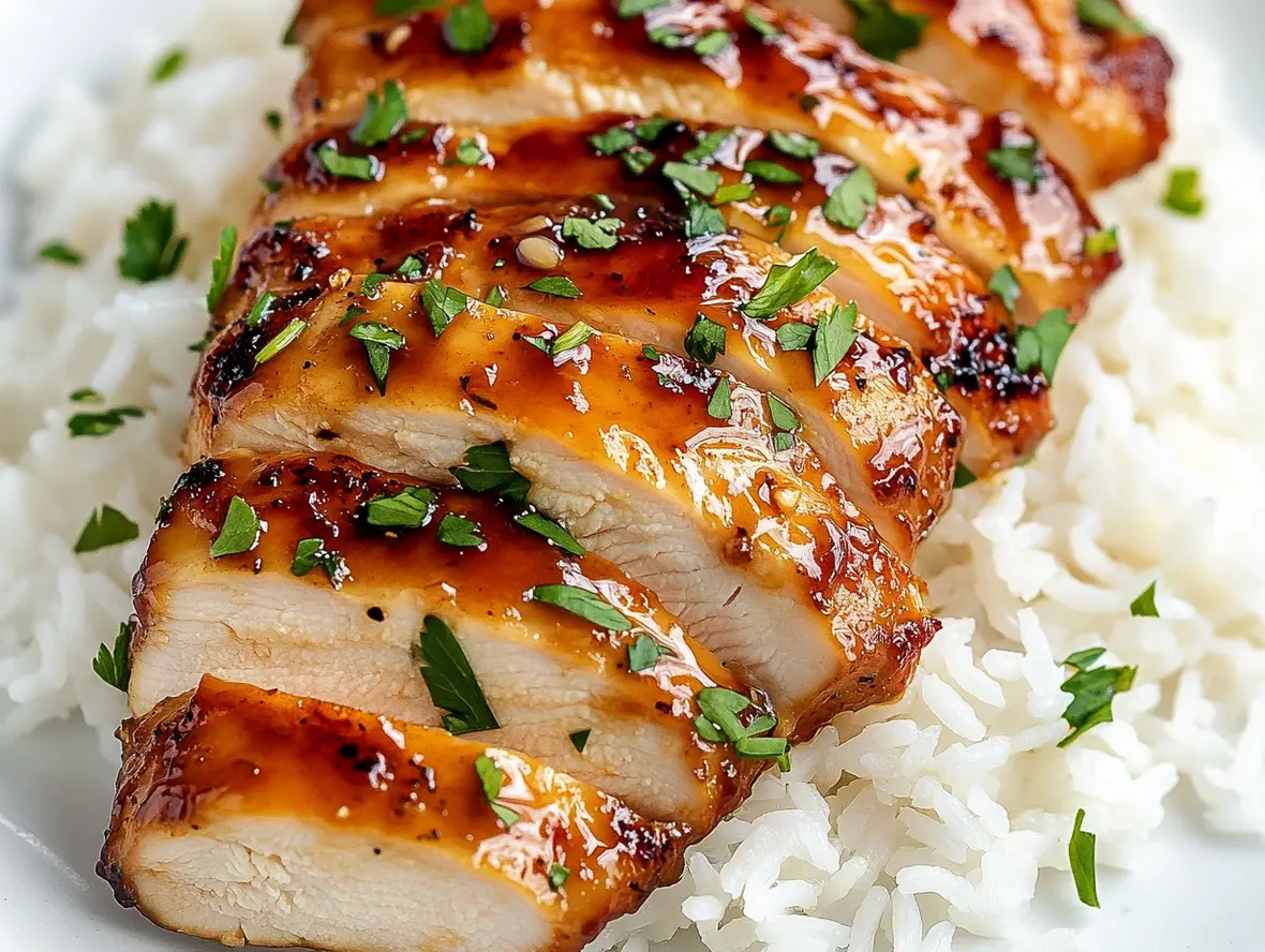 Close-up of glossy, glazed garlic chicken breast slices, garnished with sesame seeds.