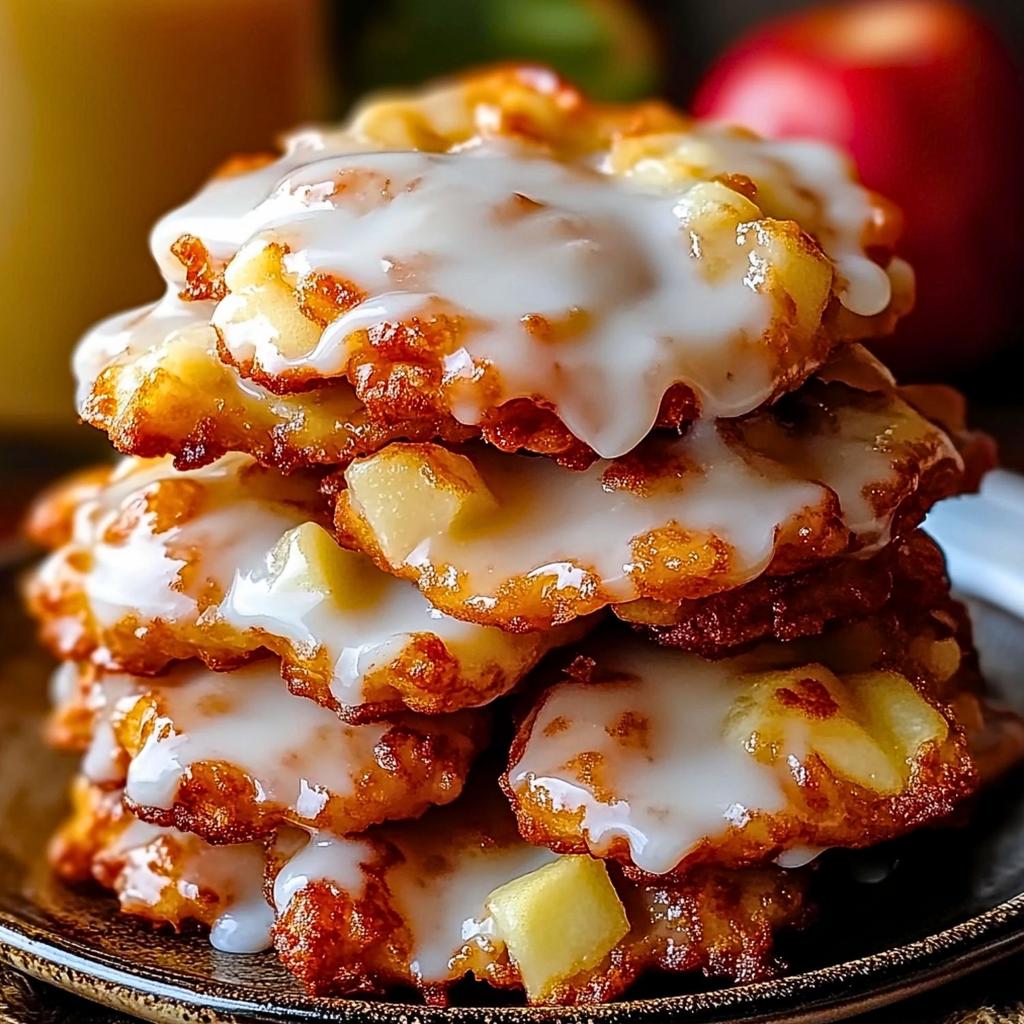 Close-up of a baked apple fritter with vanilla glaze, showing the texture of the apple and moist crumb.