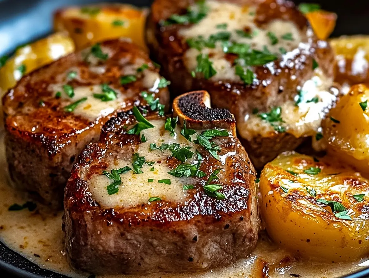 Close-up of the Cheesy Potato Bake showing melted cheese and creamy potato layers, with a juicy beef chop ready to be served.