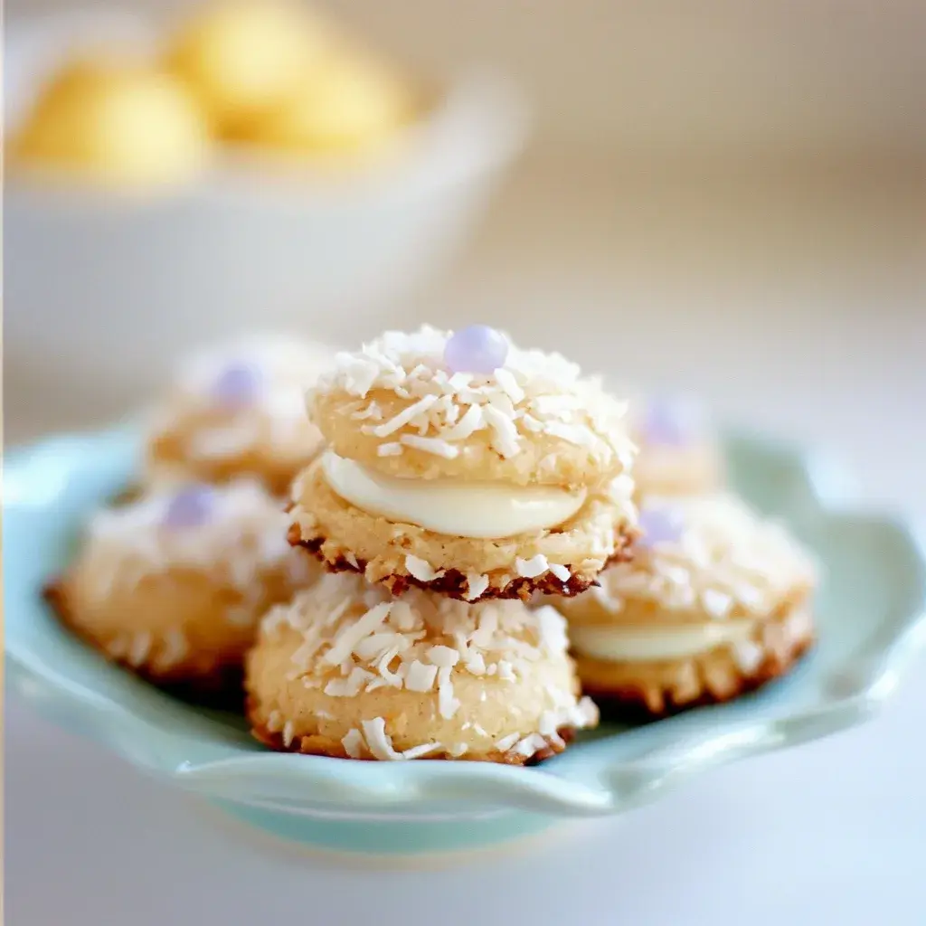 Close-up of a finished Coconut Macaron Cookie Nest filled with chocolate ganache.