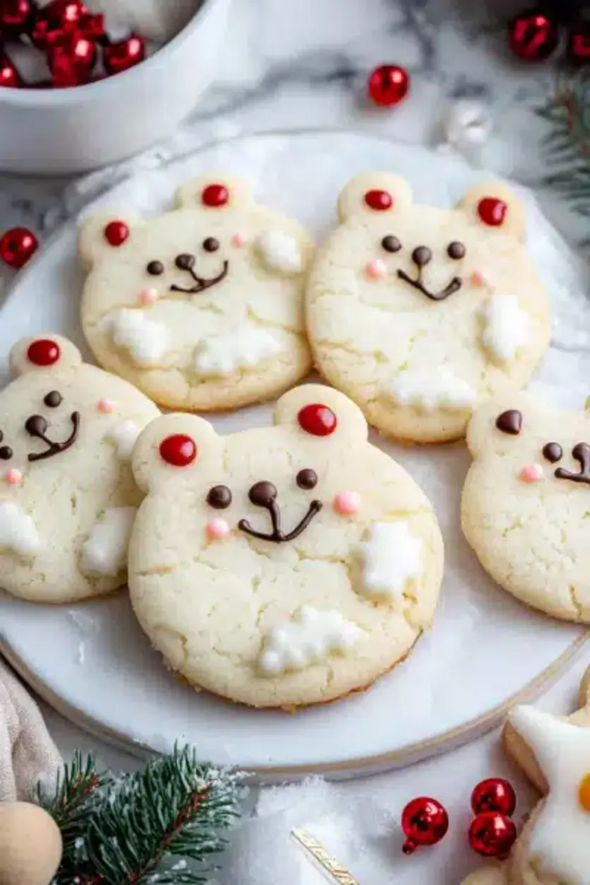 Close-up of decorated Whimsical Polar Bear Cookies dusted with powdered sugar.
