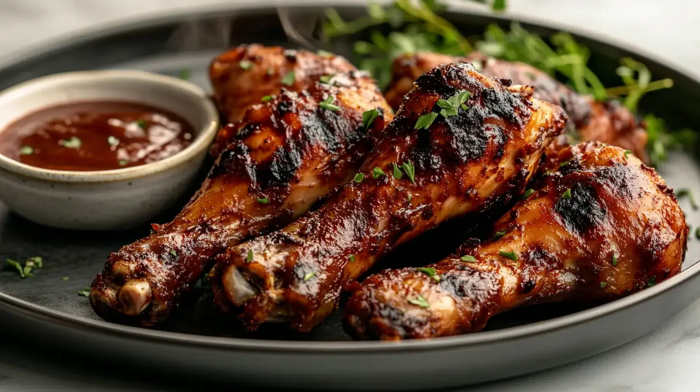 Close-up of perfectly smoked chicken legs and thighs with a crispy skin.