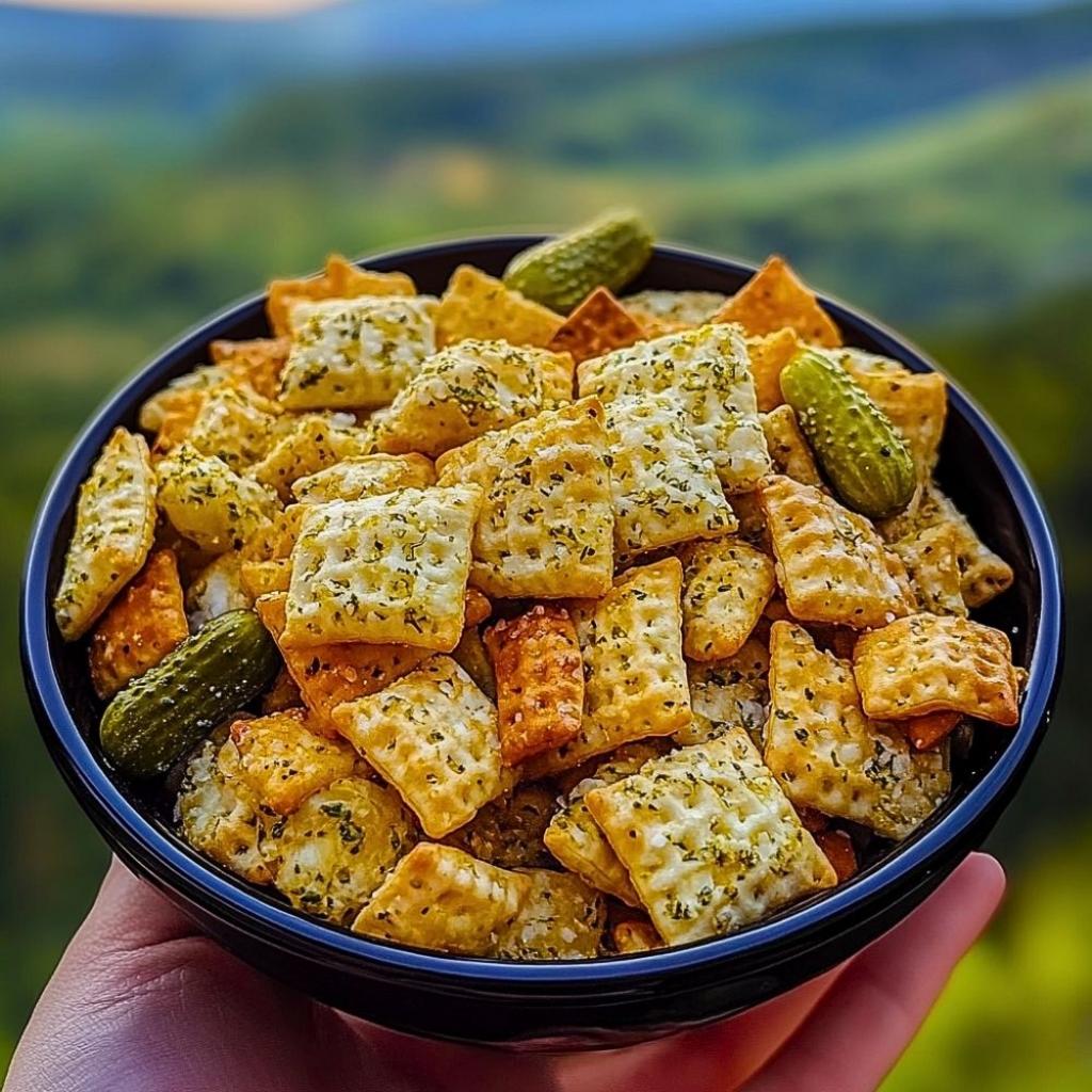 A bowl of Dill Pickle Chex Mix ready to be served