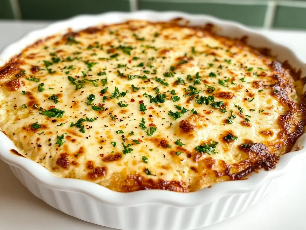 Close-up of a spoon scooping creamy garlic bread dip from a baking dish, showing the cheesy pull.