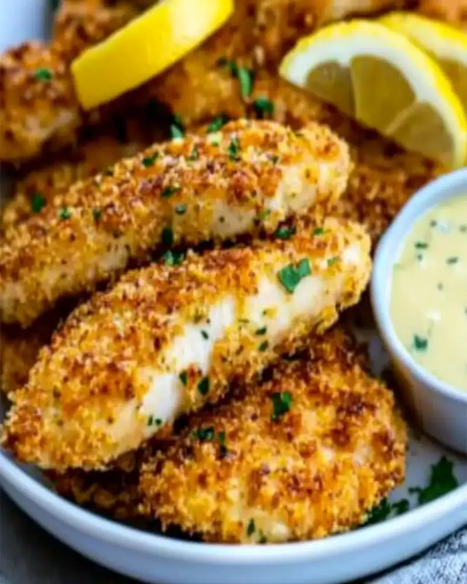 Close-up of crispy lemon parmesan chicken tenders