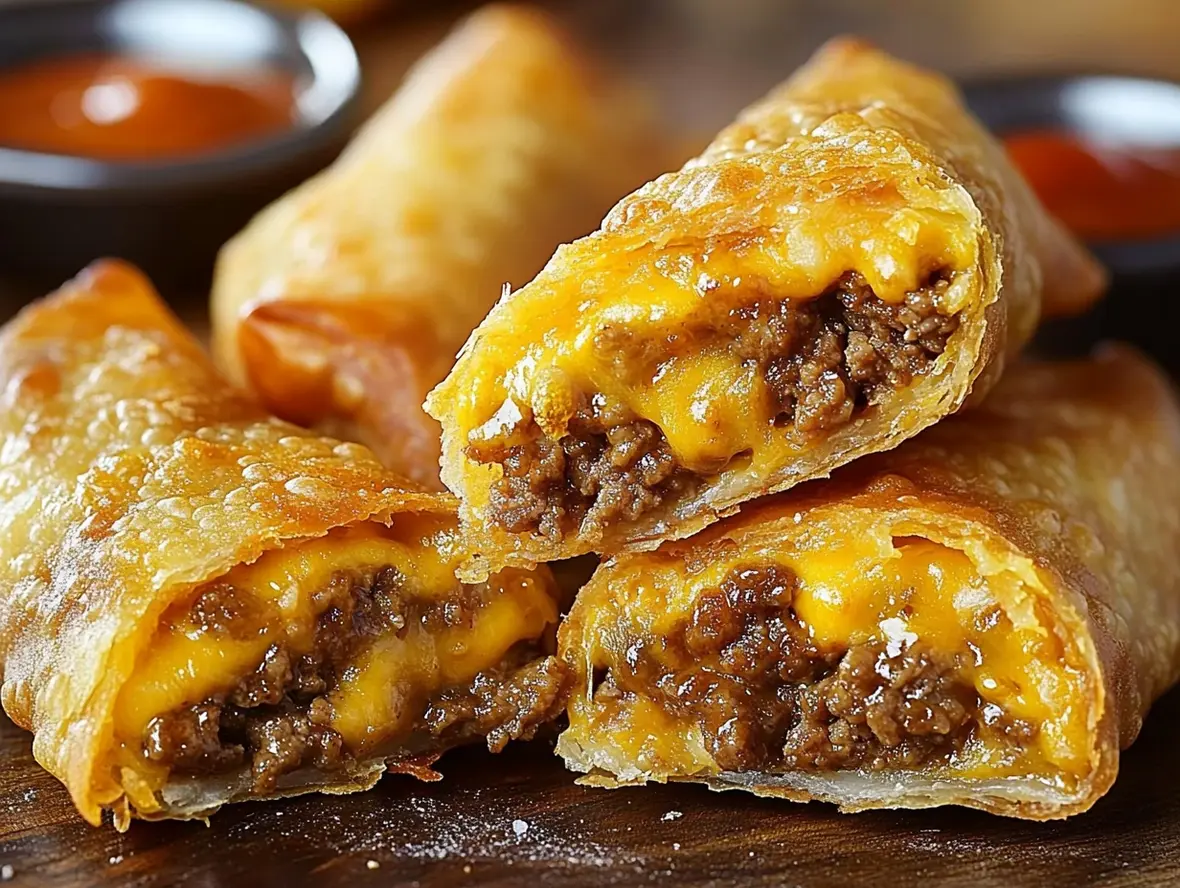 Close-up of a sliced Cheeseburger Egg Roll showing the filling
