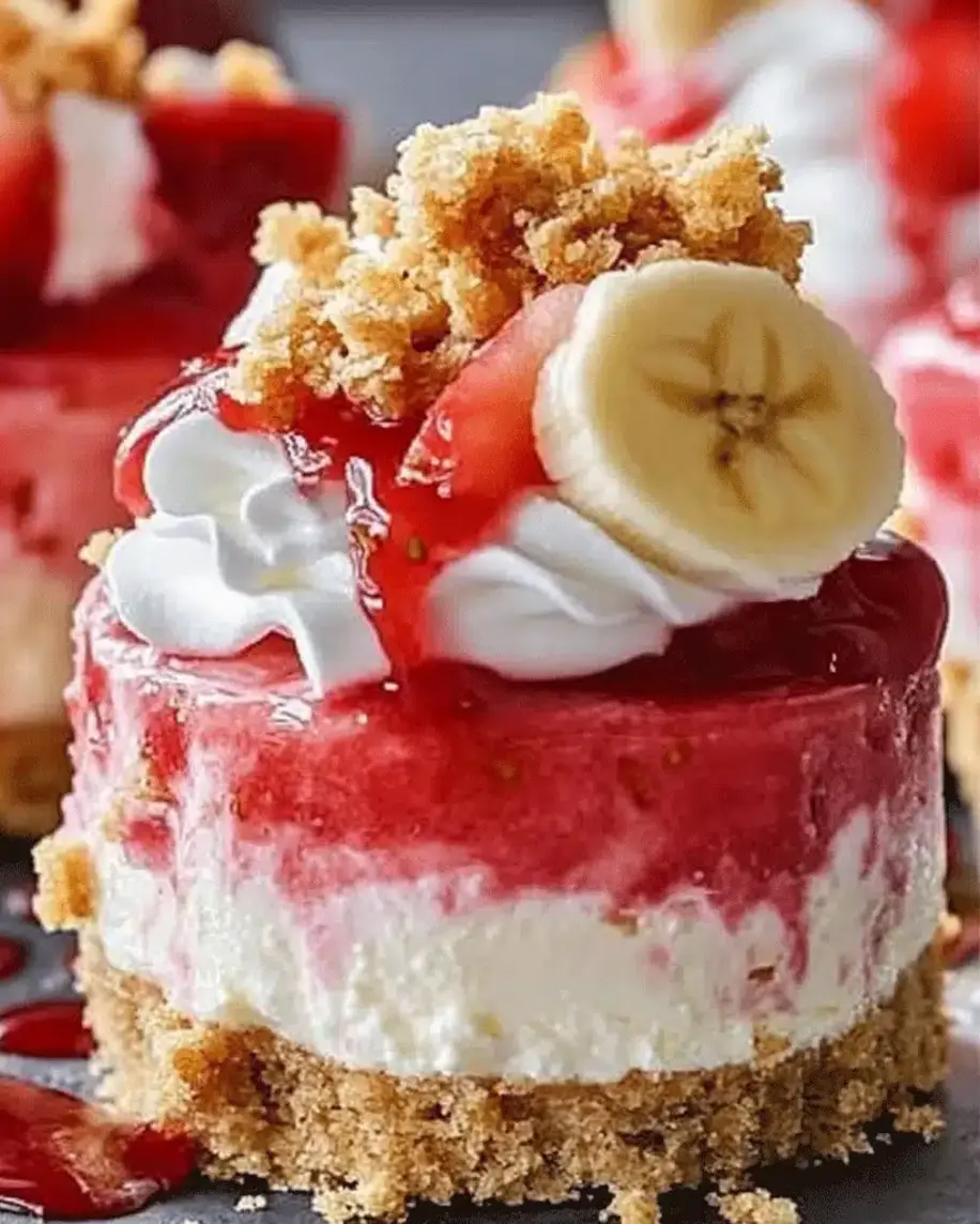 A variety of mini strawberry banana cheesecakes arranged aesthetically, ready to be served.