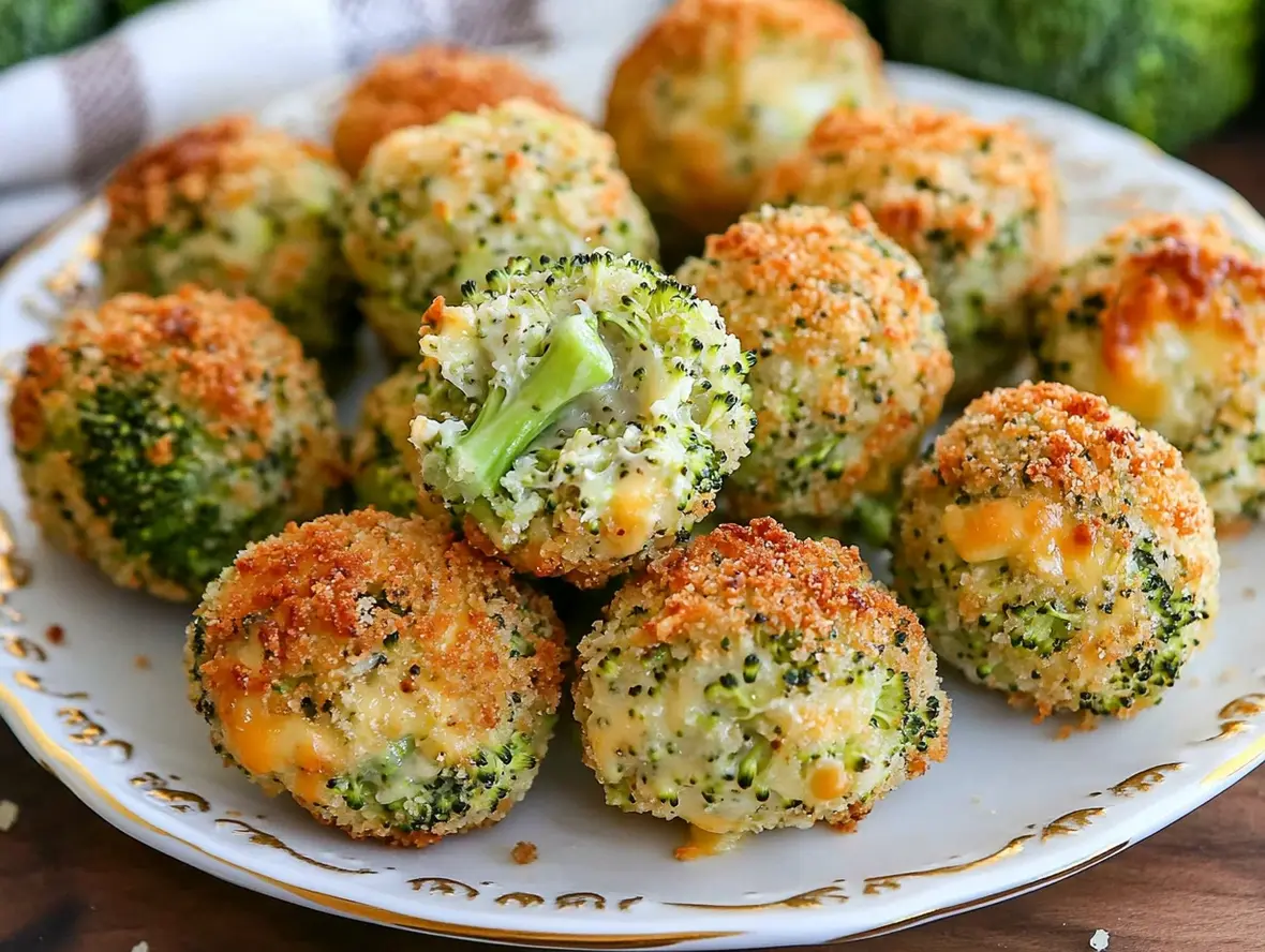 Close-up of a broccoli cheese ball with a cheesy interior