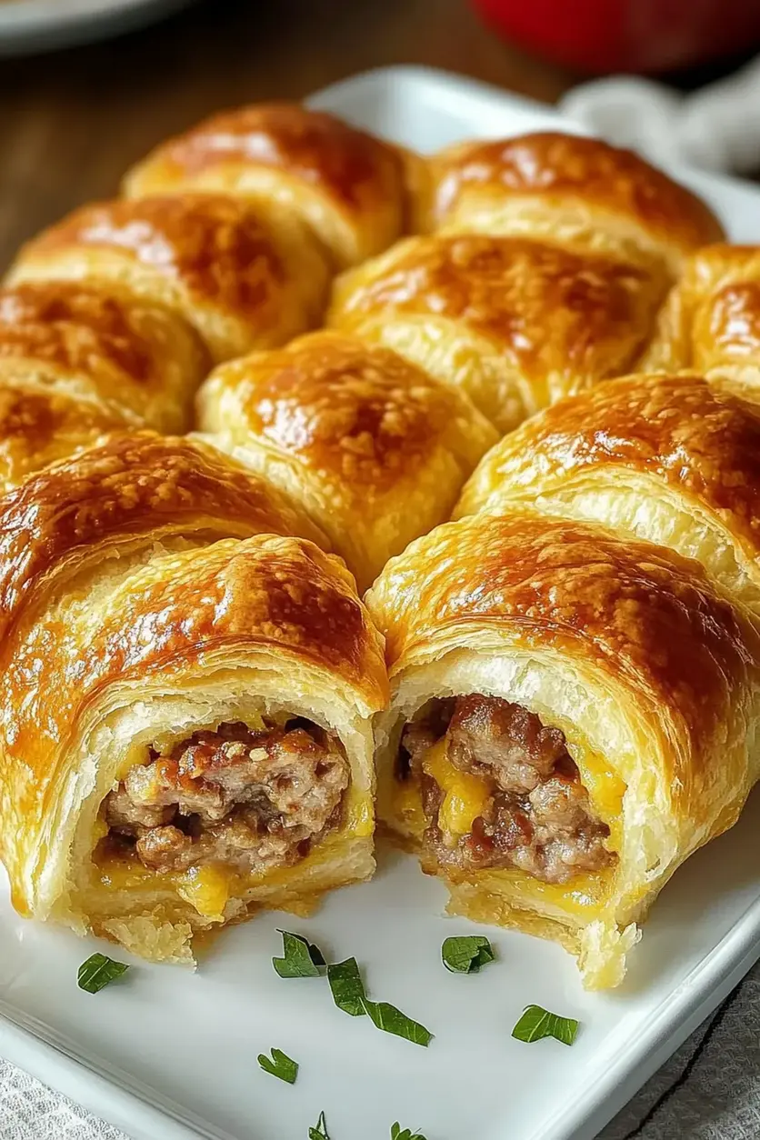 Close-up of golden brown breakfast sausage crescent rolls on a baking sheet.