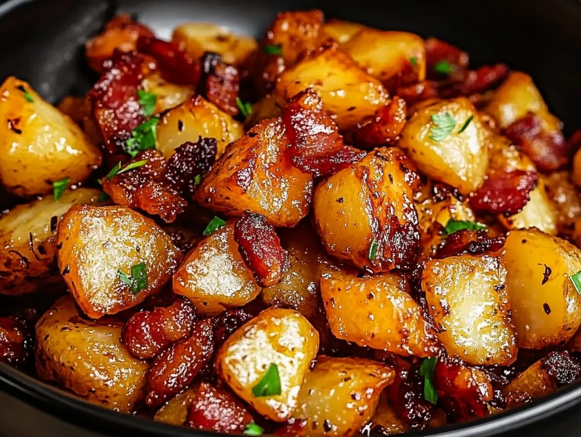 Close-up of honey bacon roasted potatoes with a sticky glaze