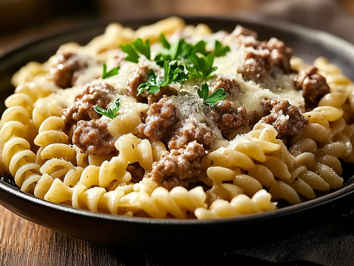 A serving of rotini pasta with ground beef and creamy garlic parmesan sauce, garnished with parsley.