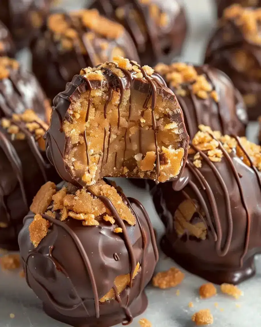 Close-up of peanut butter truffles dipped in chocolate, some with decorative drizzles.
