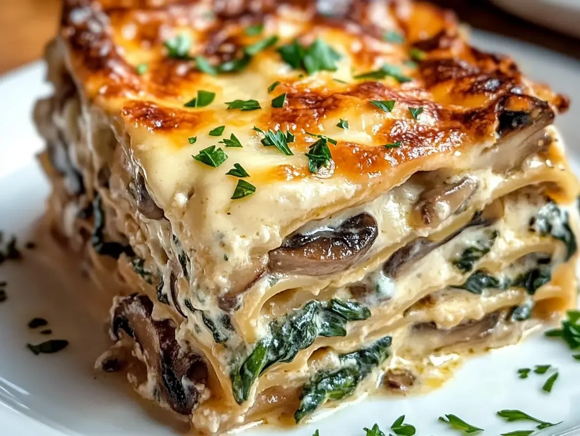 Close-up of a slice of creamy spinach and mushroom lasagna showing layers of pasta, sauce, and cheese