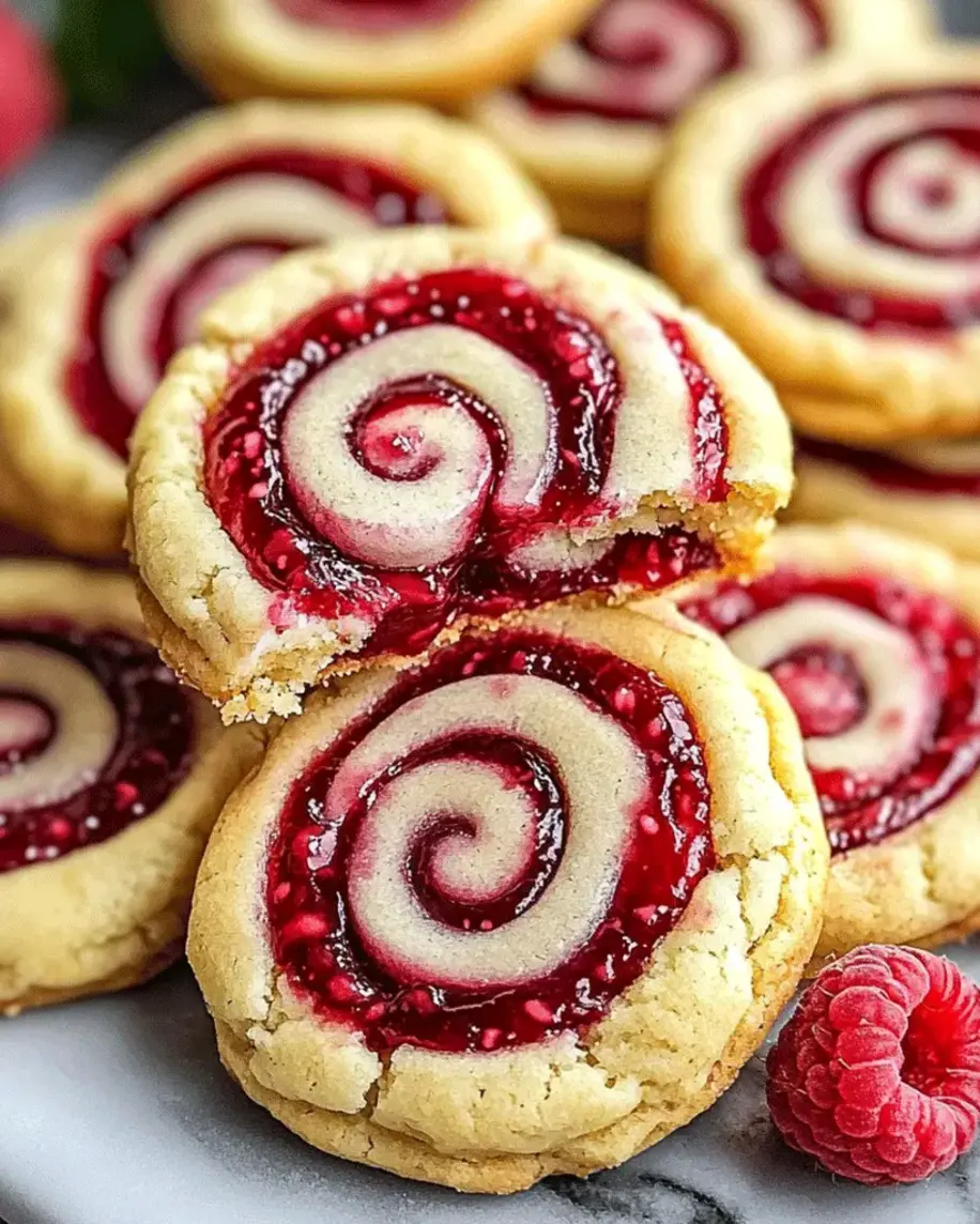 Close-up of raspberry swirl shortbread cookies, showing the beautiful pattern.