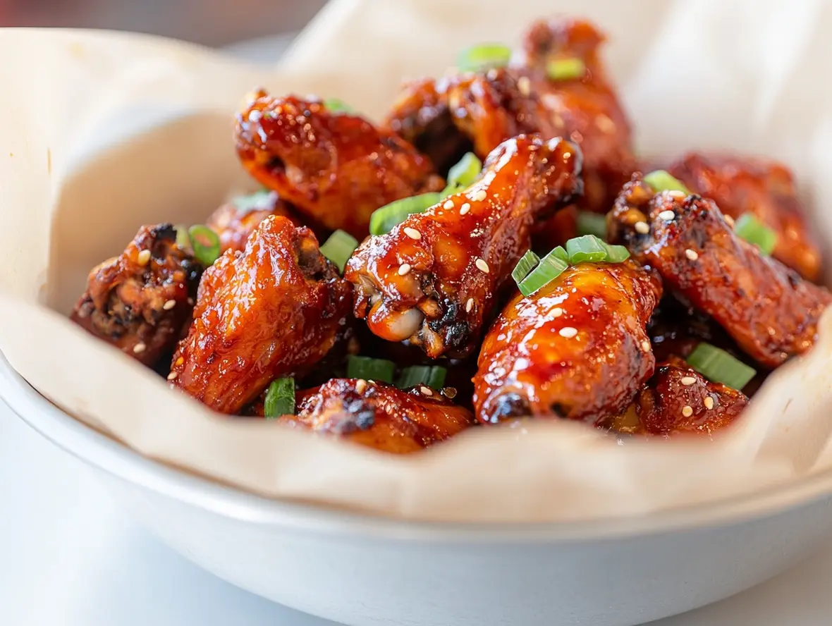 A platter of delicious Asian chicken wings, close-up showing the glossy caramelization of the glaze.