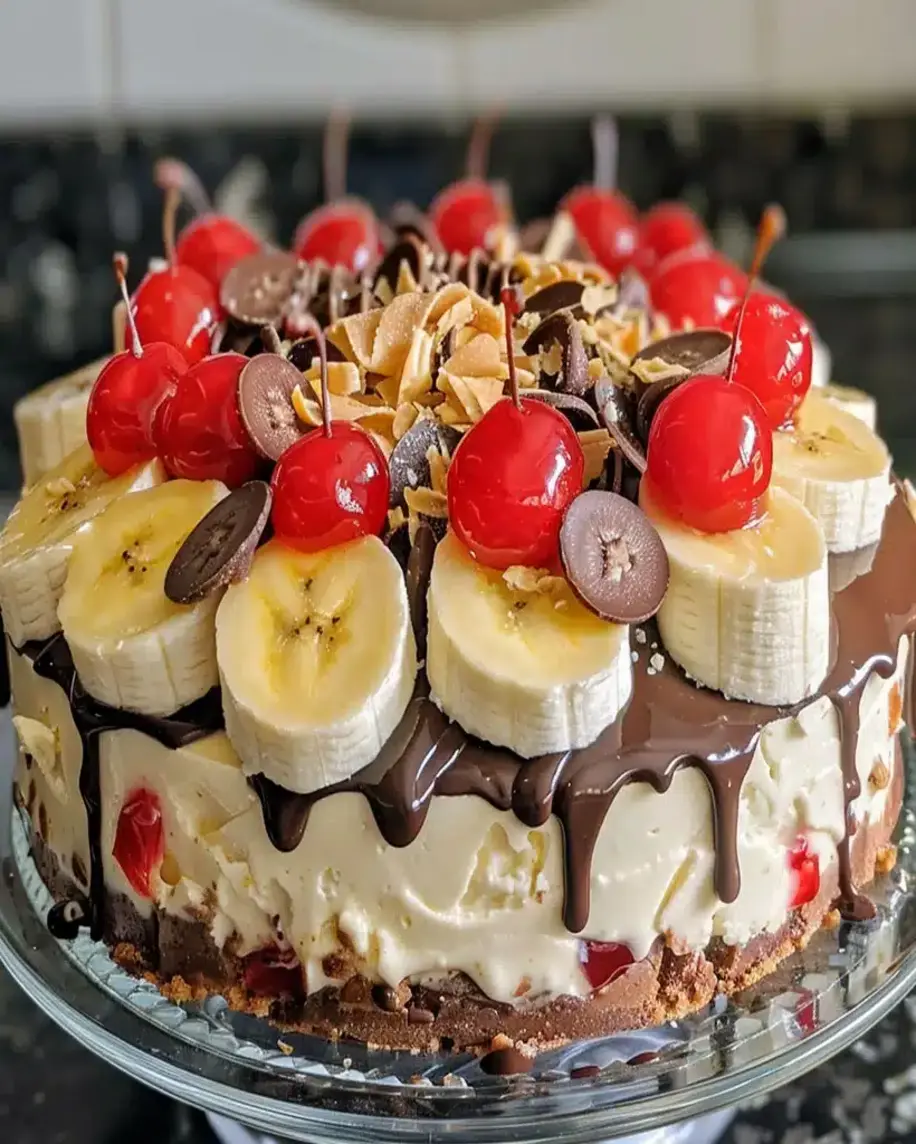 Close-up of sliced Banana Split Ice Cream Cake, highlighting its layers and generous toppings.