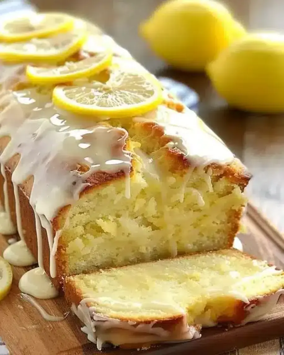 Close-up of a slice of lemon glaze cake, showing its moist crumb and thick glaze.
