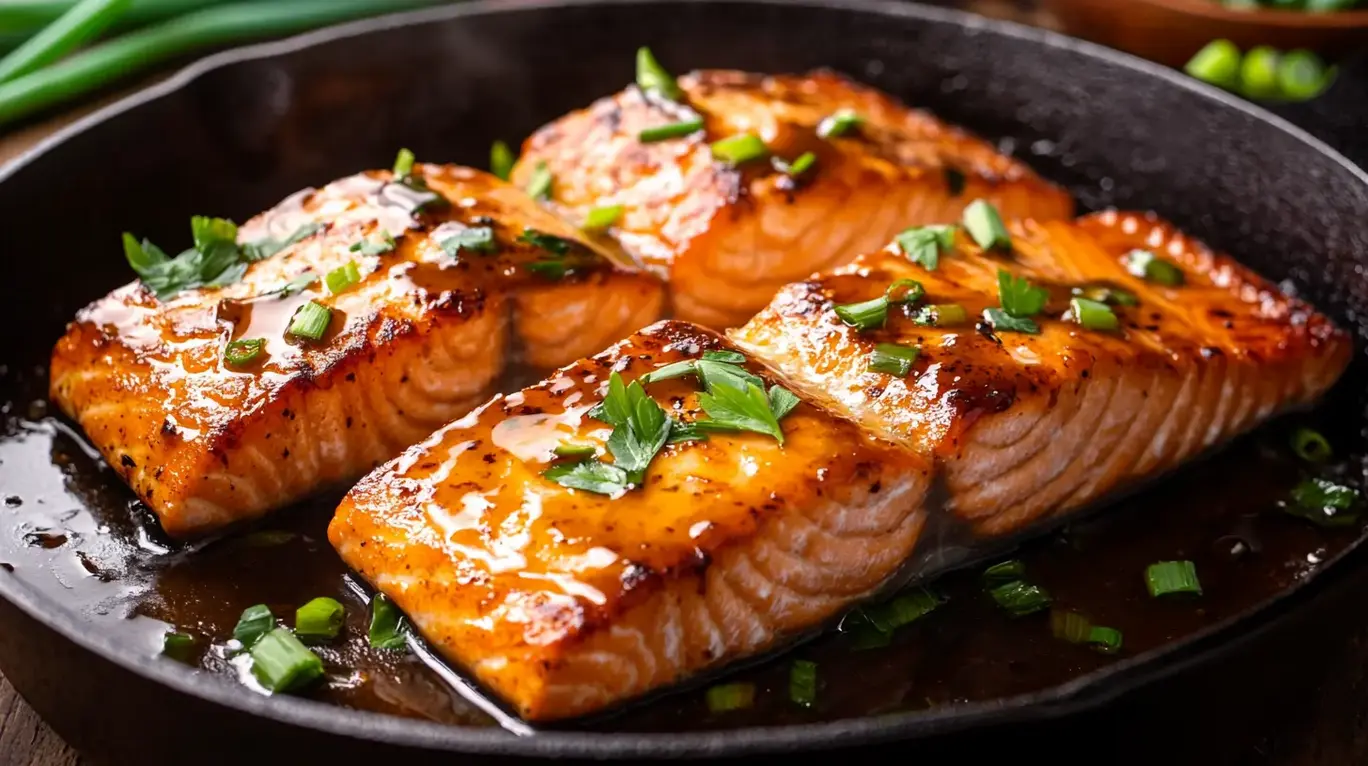 Close-up of bourbon salmon glaze caramelizing in the oven