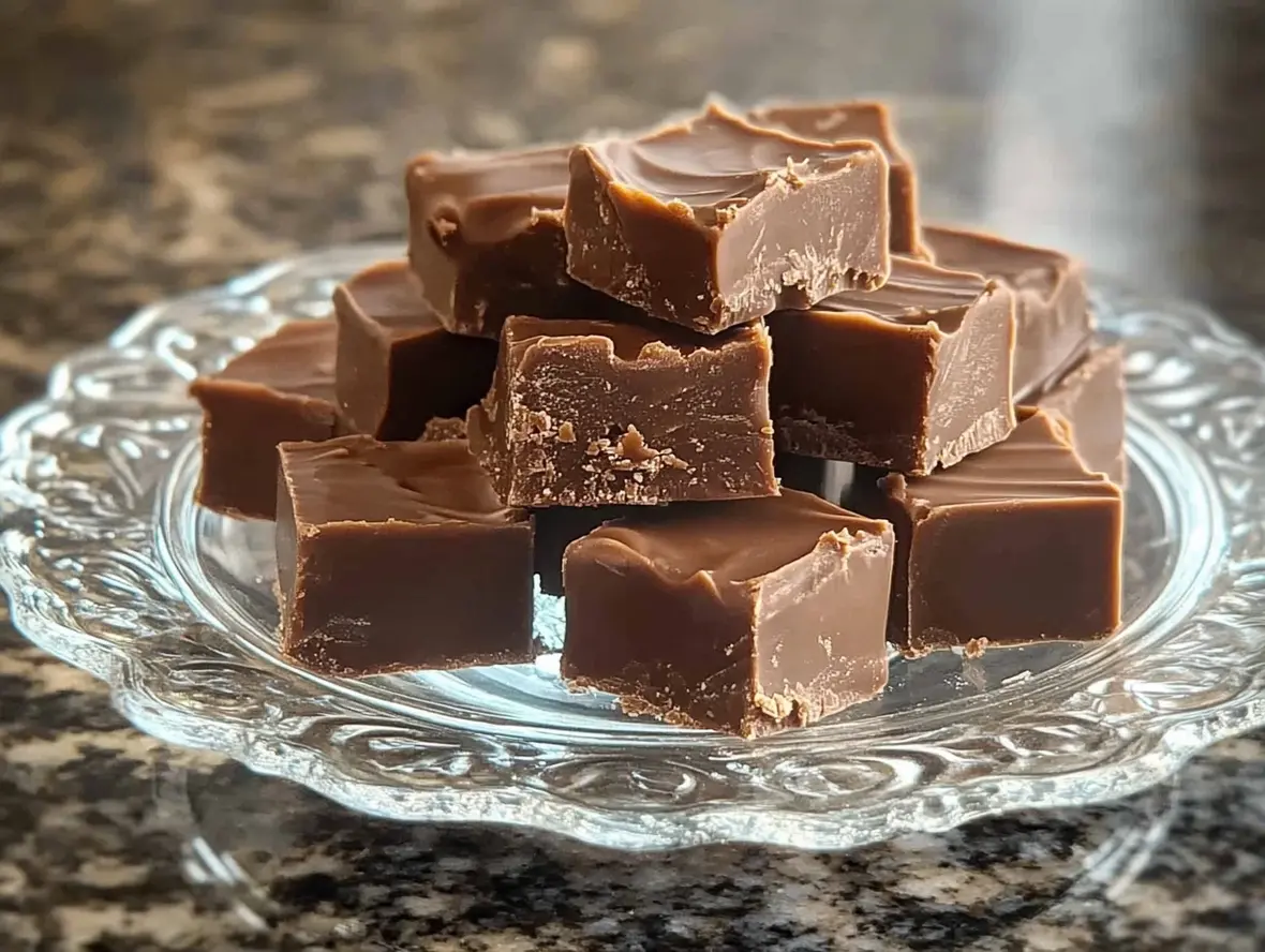 A plate stacked with perfectly cut squares of old-fashioned fudge, looking rich and decadent.