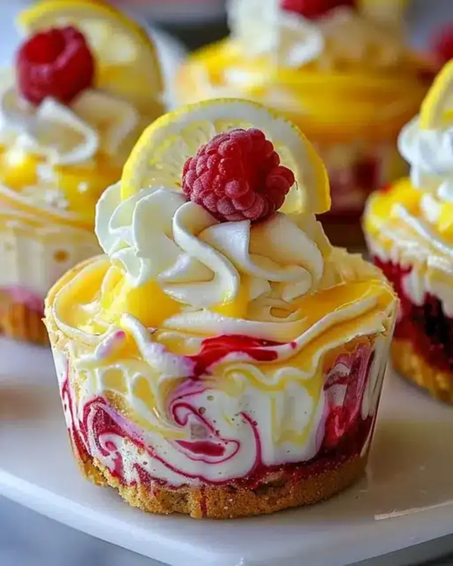 Close-up of a Lemon Raspberry Swirl Cheesecake Cup, showing the creamy texture and vibrant swirl.