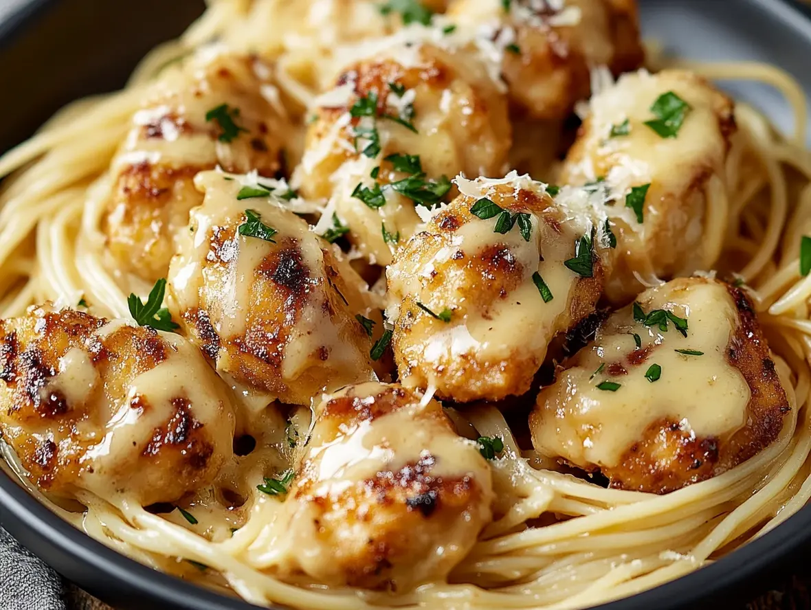 Close-up of Creamy Parmesan Pasta with Garlic Butter Chicken Bites ingredient