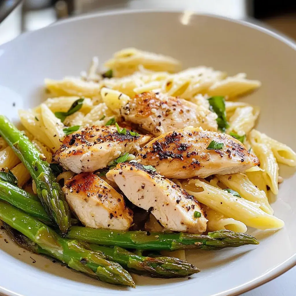 Close-up of creamy chicken and asparagus pasta, showing the texture of the sauce and ingredients