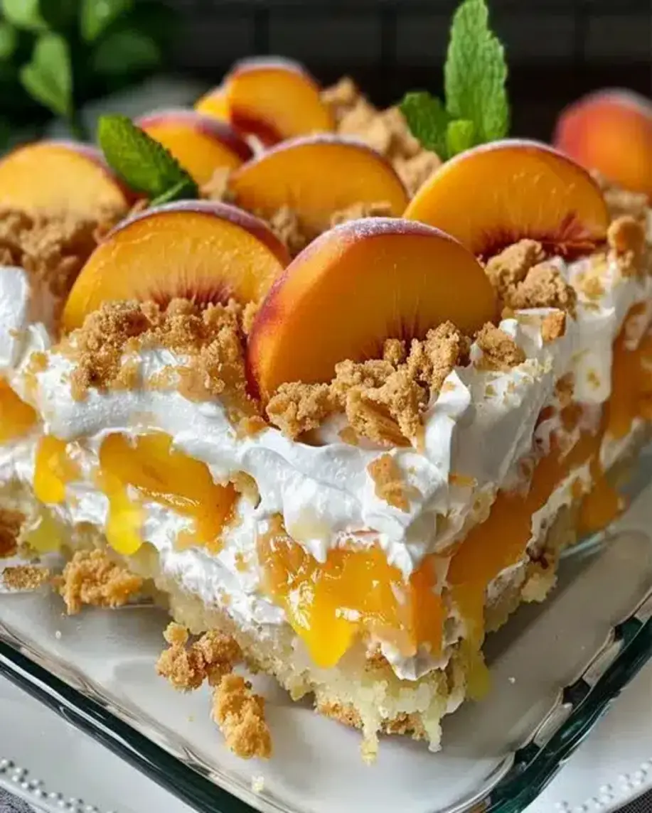 A close-up of a slice of Peach Cobbler Poke Cake, showcasing the layers and creamy texture.
