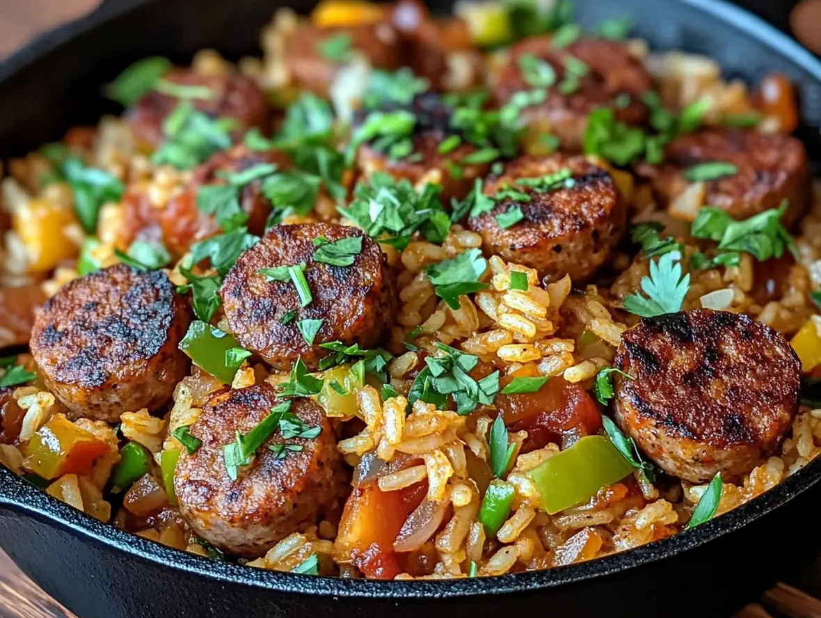 Close-up of Easy Sausage and Rice Skillet with visible sausage and peppers.