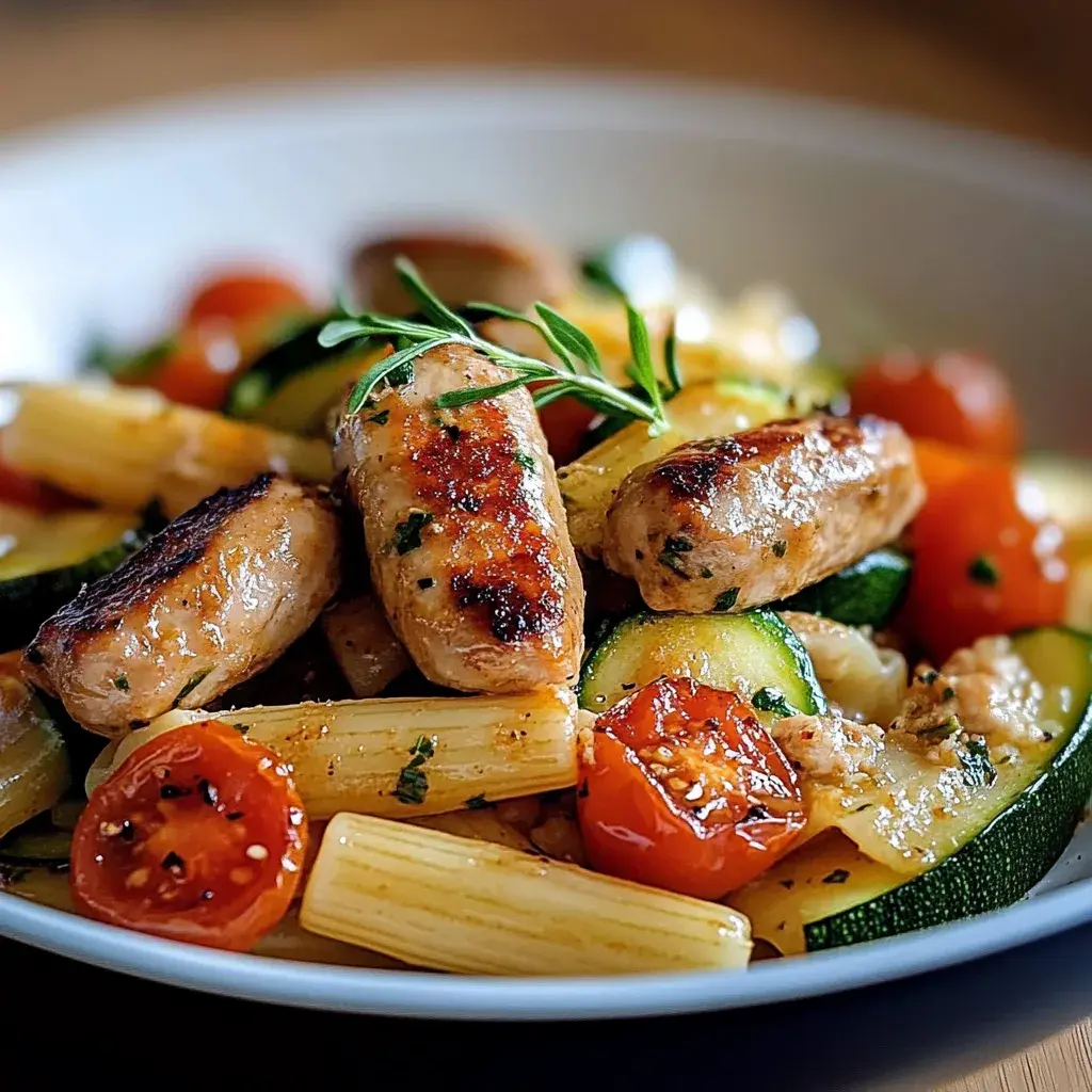 Close-up of Chicken Sausages with Zucchini, Tomatoes, and Pasta in a bowl