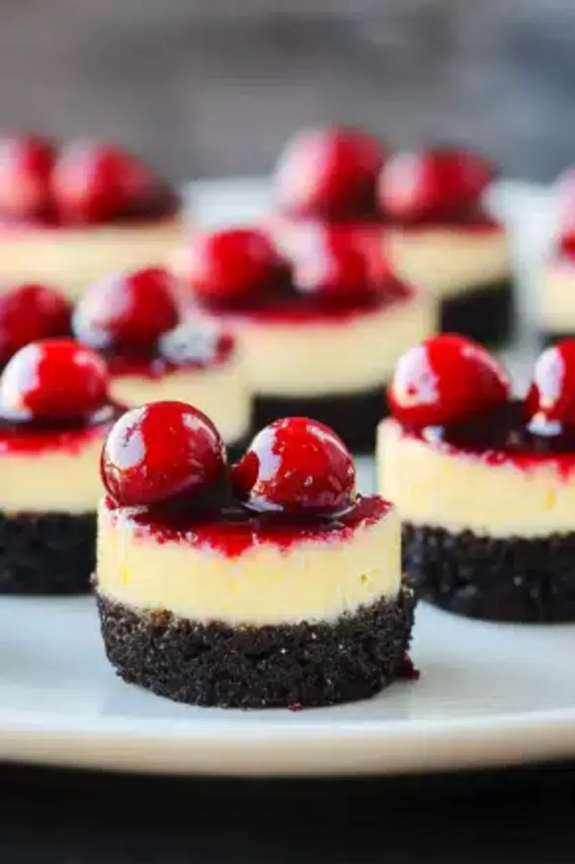 Close up of a mini cheesecake with a maraschino cherry on top
