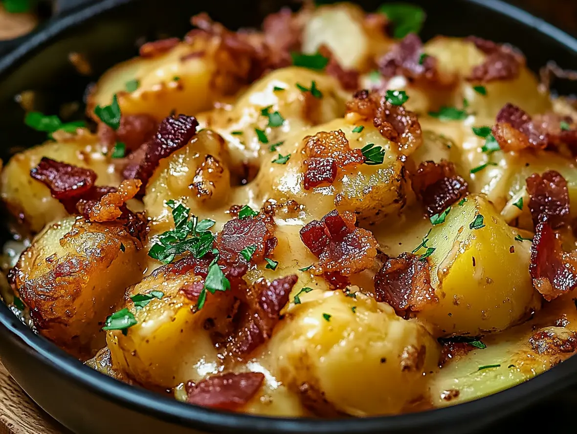 Close-up of cheesy Mississippi Mud Potatoes in a baking dish